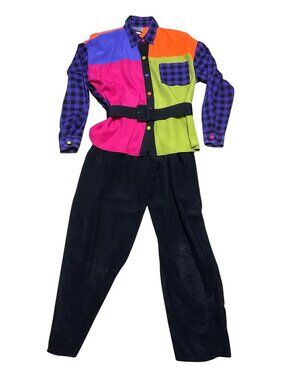 Vtg IVY Colorblock Pantsuit Button-Up Shirt Black Trousers Set Sz M Rayon Acetat